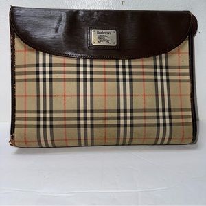 Burberrys VINTAGE Brown Haymarket Check Canvas Clutch Bag with brown leather